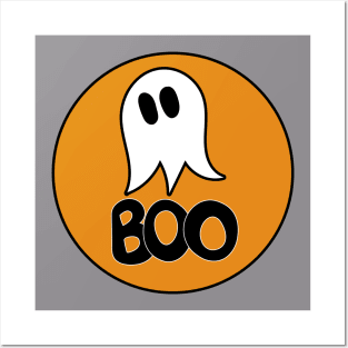 Cute ghost cartoon BOO text in an orange circle frame Posters and Art